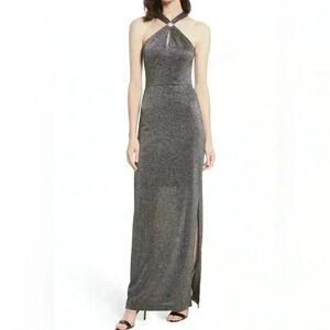 NWT Ted Baker London Black Olyvia Metallic Silver Knit Halter Maxi Dress